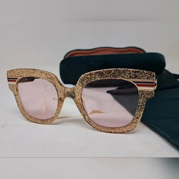 Gucci Sunglasses Gold Glitter Cat Eye  Square GG0281SA 004 50-23-146 - Picture 2 of 15